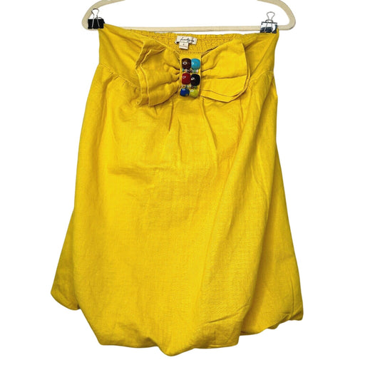Yellow Linen Sleeveless Blouson Blouse Mini Dress Bead Bow Tie Front S