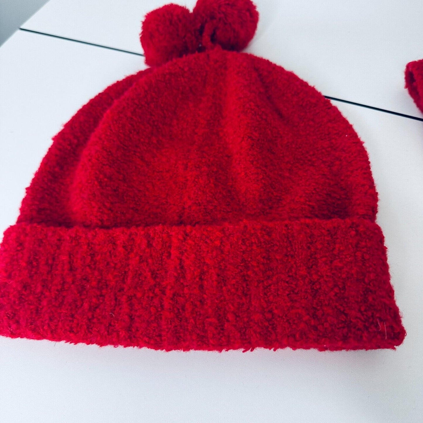 NWOT Moda Intl Cute Red Ribbed Winter Hat Scarf and Gloves Set Pom Poms OS