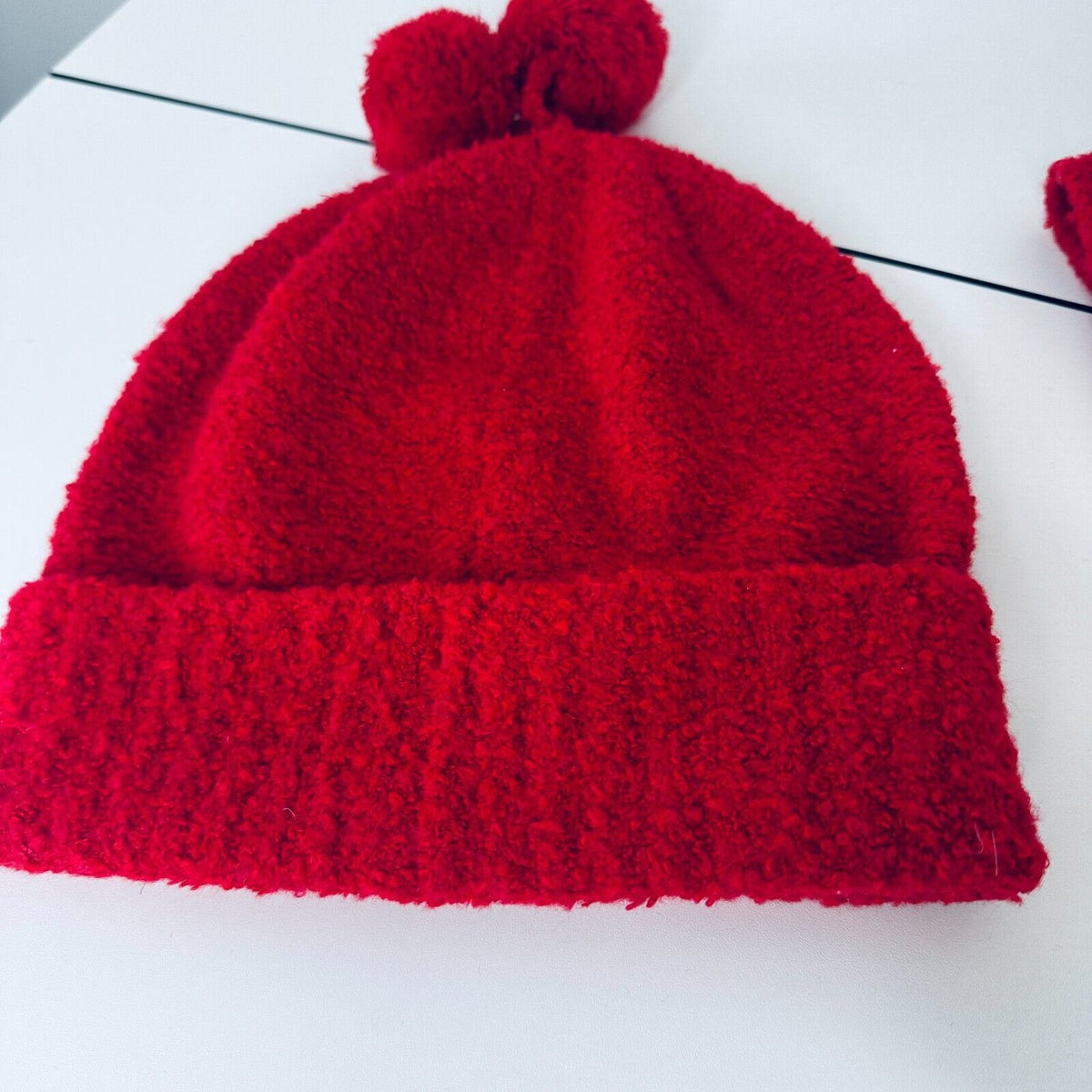NWOT Moda Intl Cute Red Ribbed Winter Hat Scarf and Gloves Set Pom Poms OS