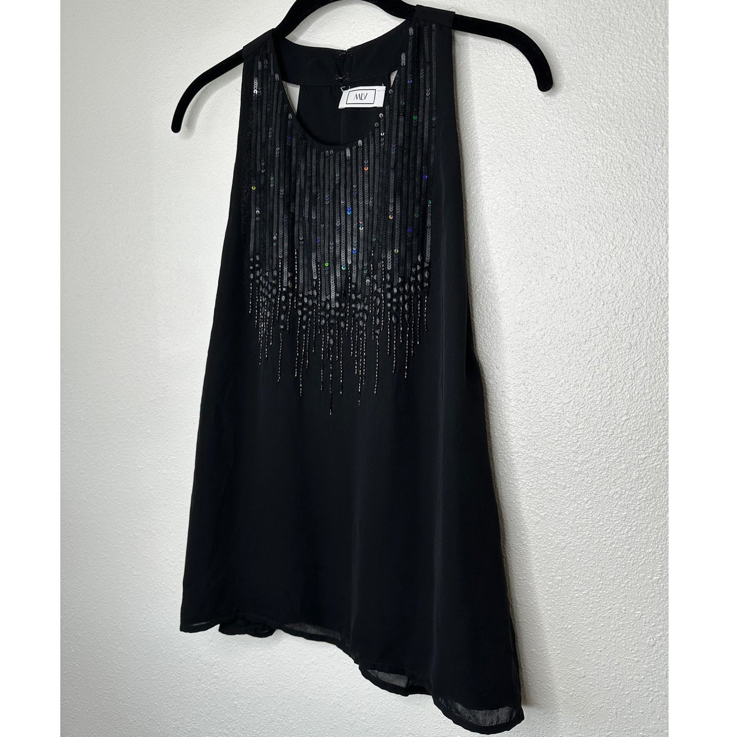 MLV Black Sequin & Beads Round Neck Sleeveless Keyhole Back Tank Blouse M