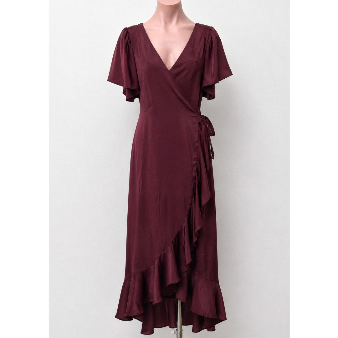 Chelsea28 Burgundy Maroon Flutter Sleeve Ruffle V-Neck Wrap Dress S