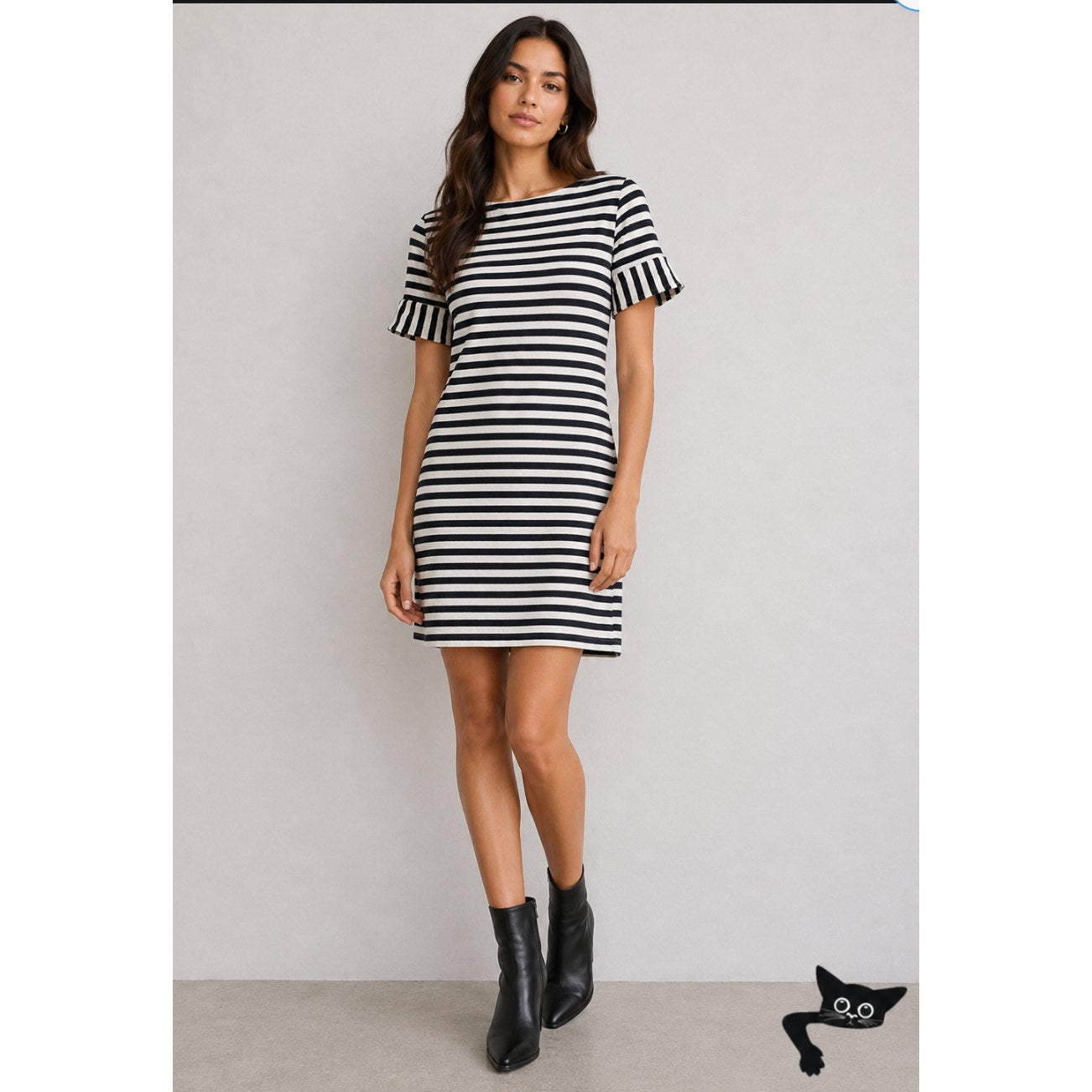 Boden Ivory & Black Stripe Short Sleeve Round Neck Shirt Dress 6 L