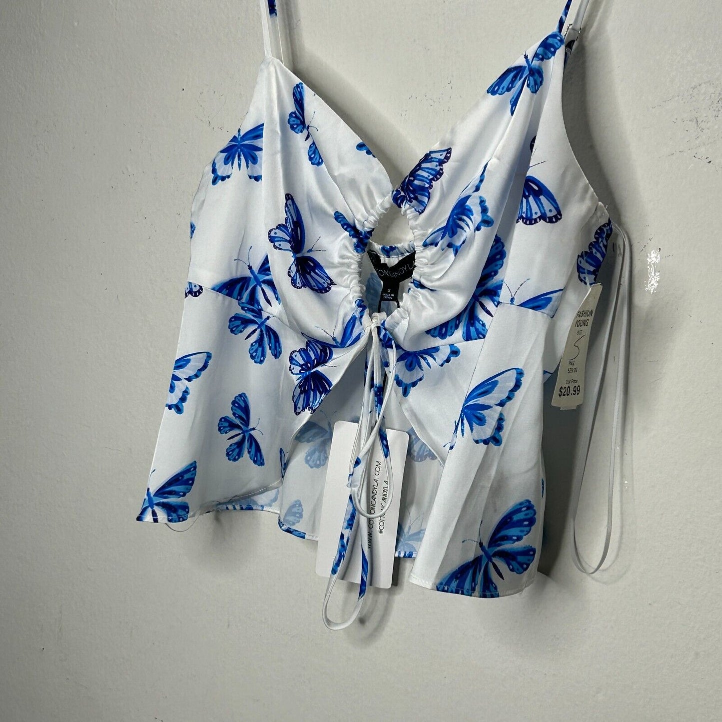 NWT Satin White & Blue Butterfly Print 2-Piece Set Crop Top & Mini Skirt