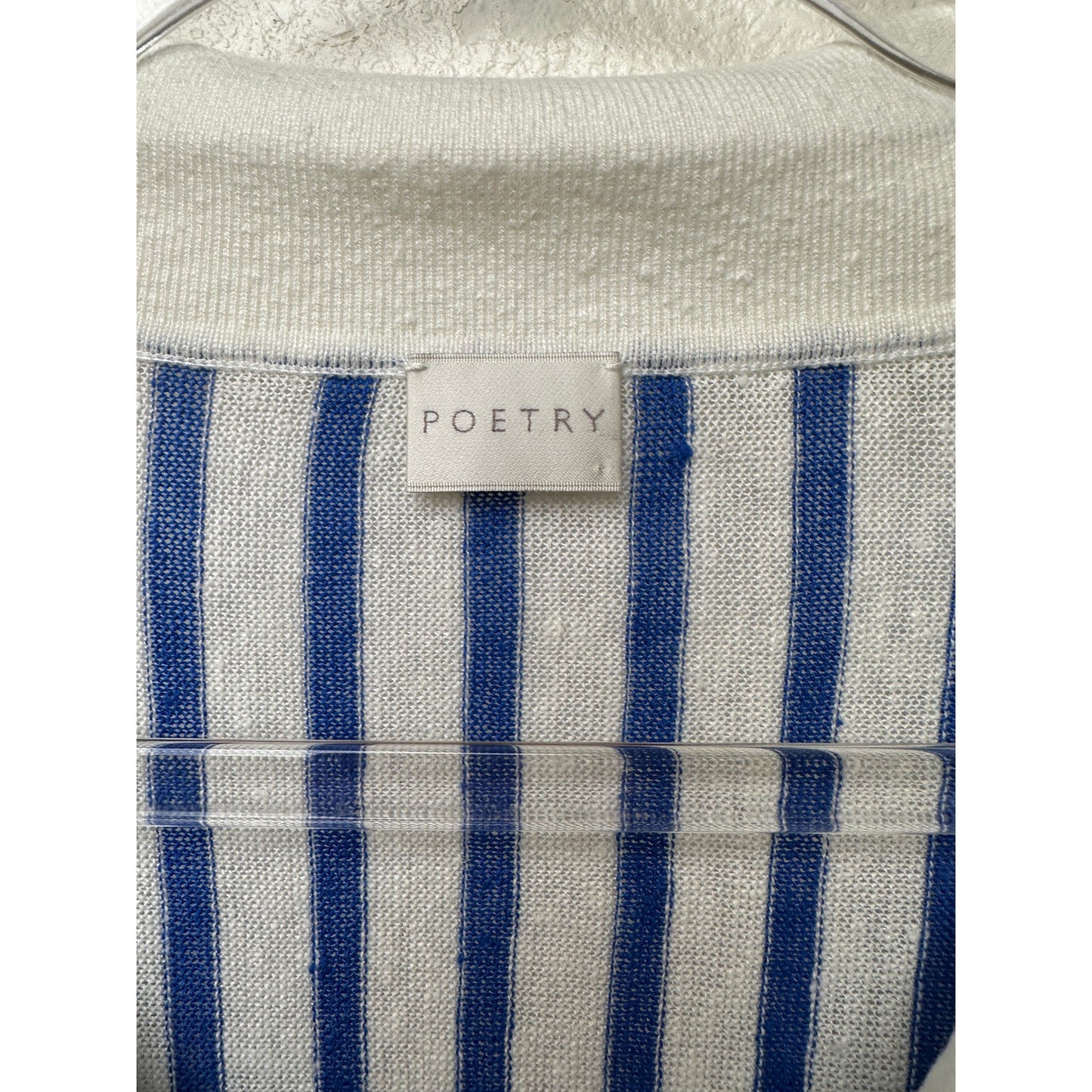 Poetry Ivory Blue Striped Linen Knit Collared V-Neck Boxy Sweater US 12