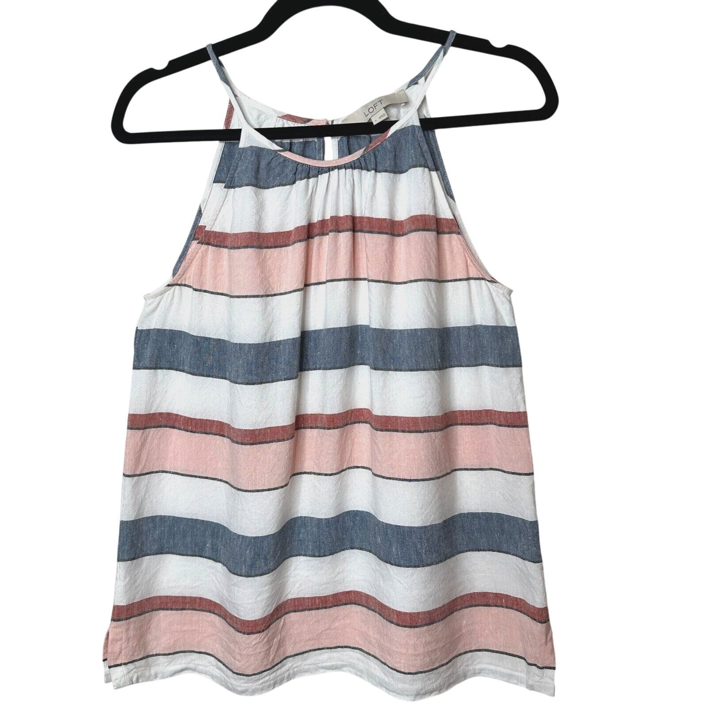 Loft Gray White Pink Stripe Linen Blend Halter Neck Sleeveless Blouse Keyhole SM