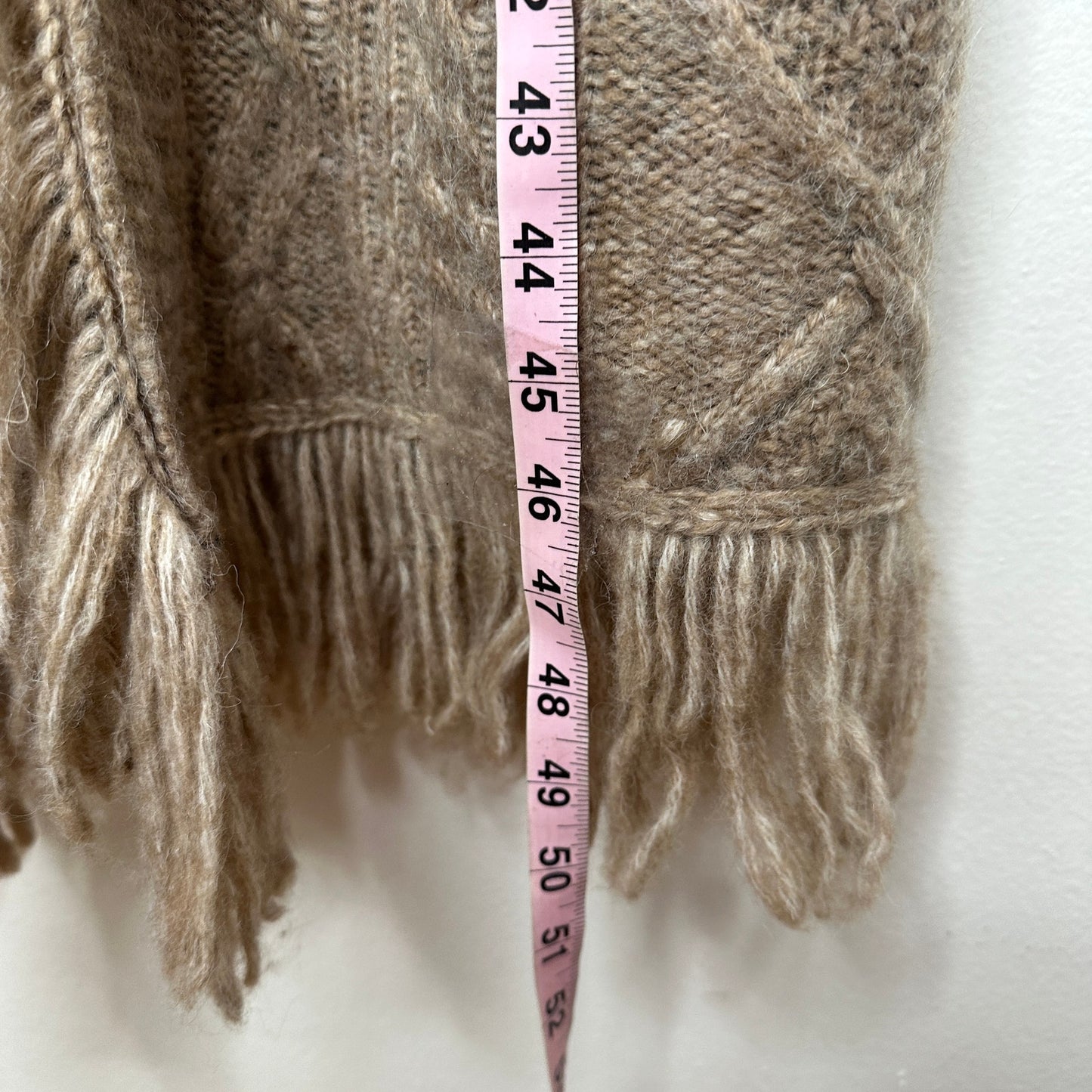Olivaceous Tan Cream Cable Knit Fringe Trim Midi Cardigan L