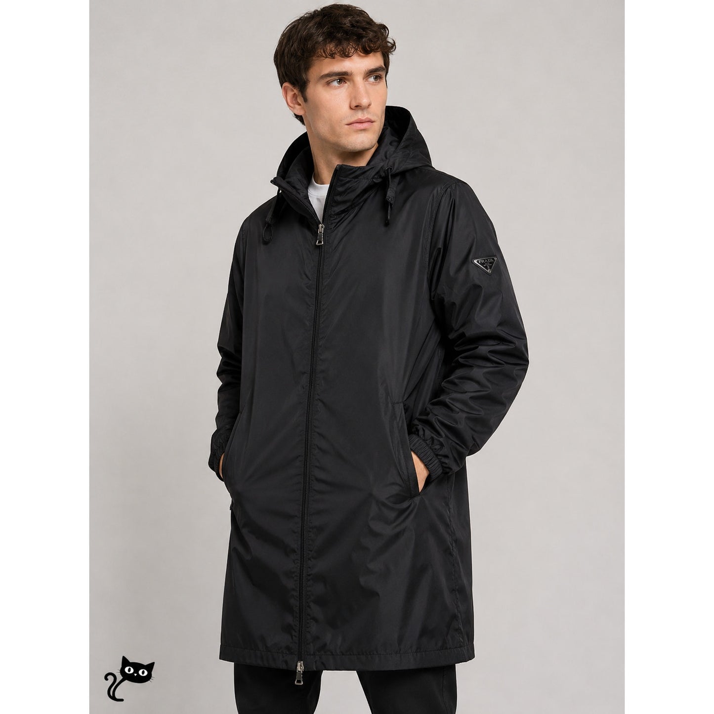 Prada Men's Black Polyester Hooded Long Line Rain Jacket 42 / L