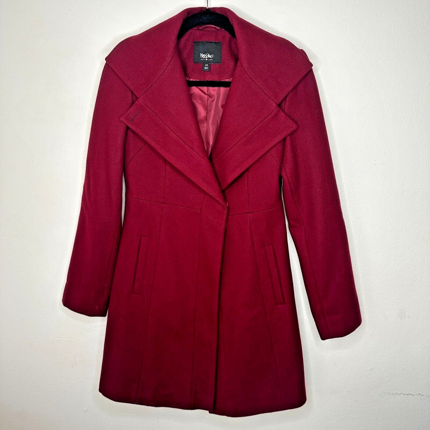 Mossimo Burgundy Red Wool Fitted Long Line Front two Button Coat Welt Pockets XS