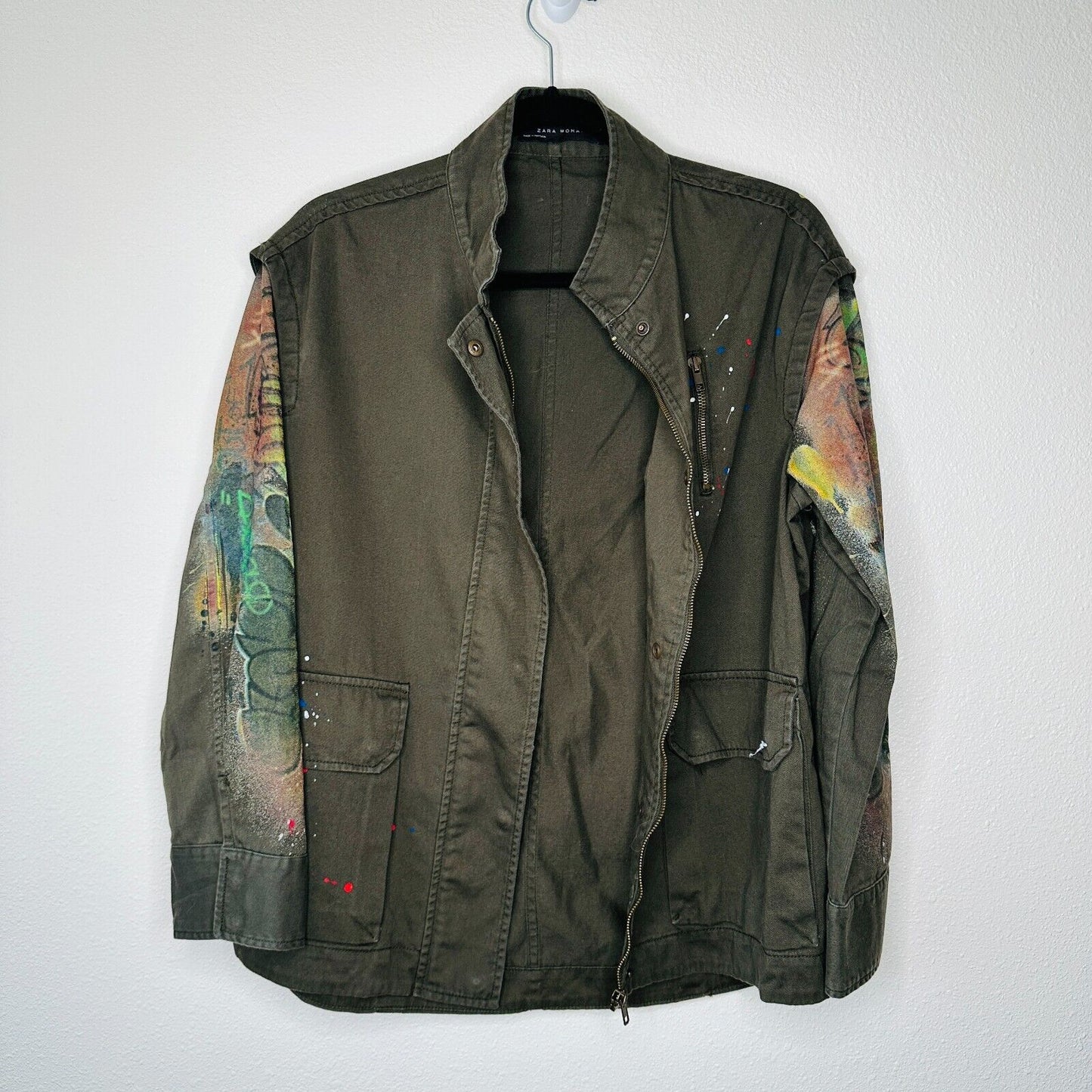 Zara Army Green Grafitti New York Jungle Oversize Zip Utility Jacket 100% Cotton
