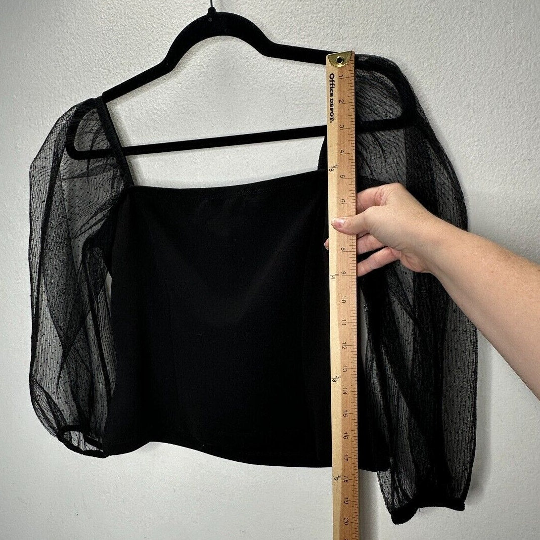 Socialite Black Square Neck Sheer Polka Dot Mesh Balloon Sleeve Crop Top M