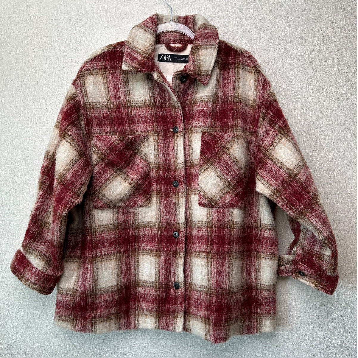 Zara Jacket Red Brown Cream Plaid Womens US XL Fuzzy