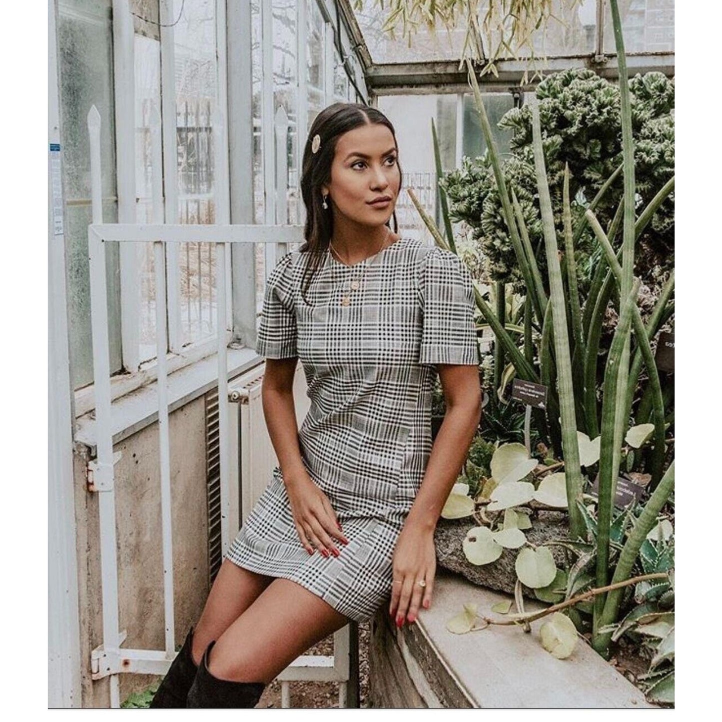 Zara Cute Gingham Plaid Shift Dress Short Sleeve Small Black and White Small