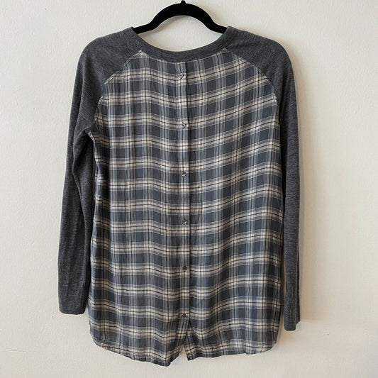 Ann Taylor Loft High Low Medium Gray Top Gray Blue & Cream Plaid Button Down XSP
