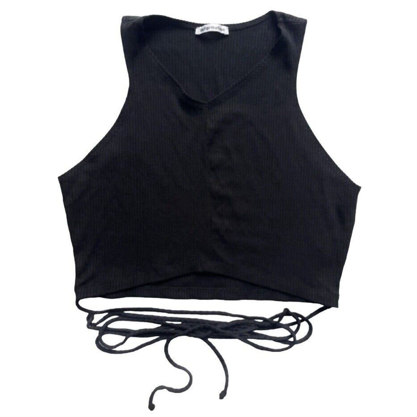 Reformation Yvie Black Ribbed Knit V-Neck Crop Tank Top Tie Wrap Around Waist S