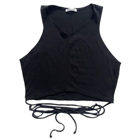 Reformation Yvie Black Ribbed Knit V-Neck Crop Tank Top Tie Wrap Around Waist S