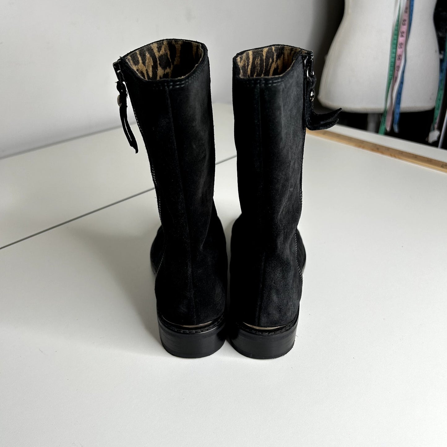 Stuart Weitzman Black Suede Mid-Calf Boots Cheetah Print Round Toe Booties 4