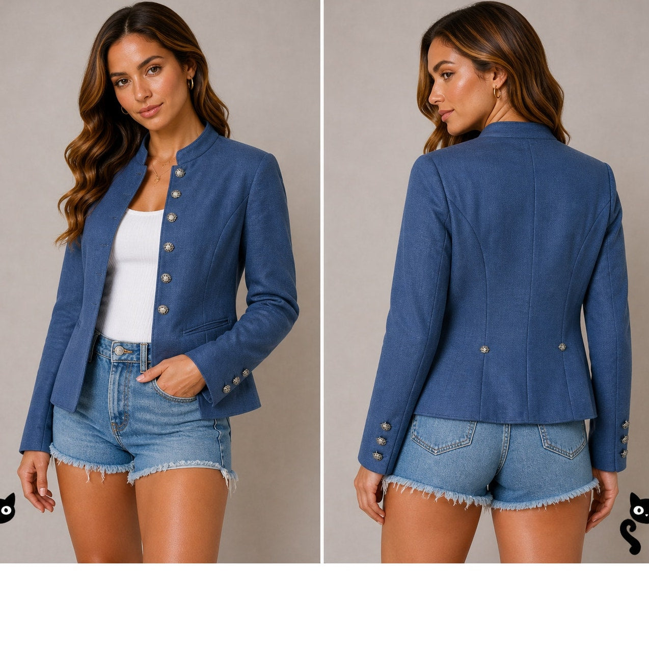 Loden Plankl Denim Blue Linen Band Neck Silver Floral Decorative Buttons Blazer Jacket