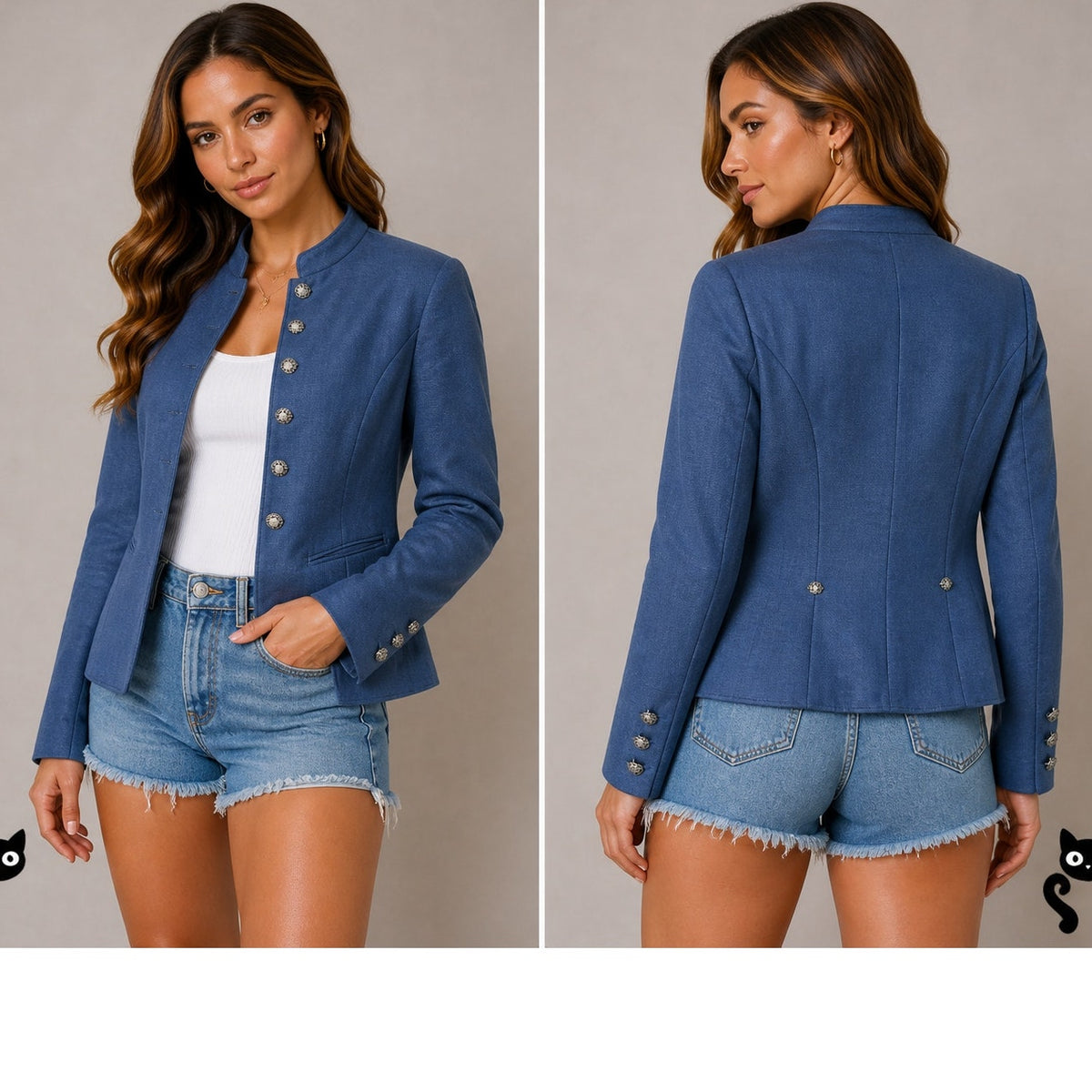 Loden Plankl Denim Blue Linen Band Neck Silver Floral Decorative Buttons Blazer Jacket