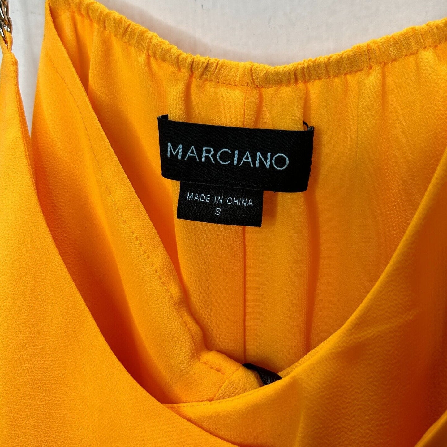 Marciano Yellow Semi-Sheer Tiered Ruffle Round Neck Gold Chain Straps Blouse S