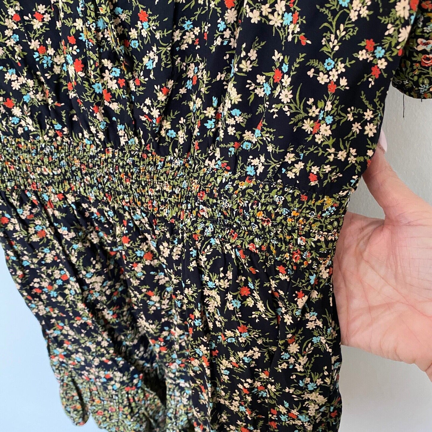 Zara Peasant Boho Black Multi Floral Tiered Ruffle Mini Sundress Tie Front Small