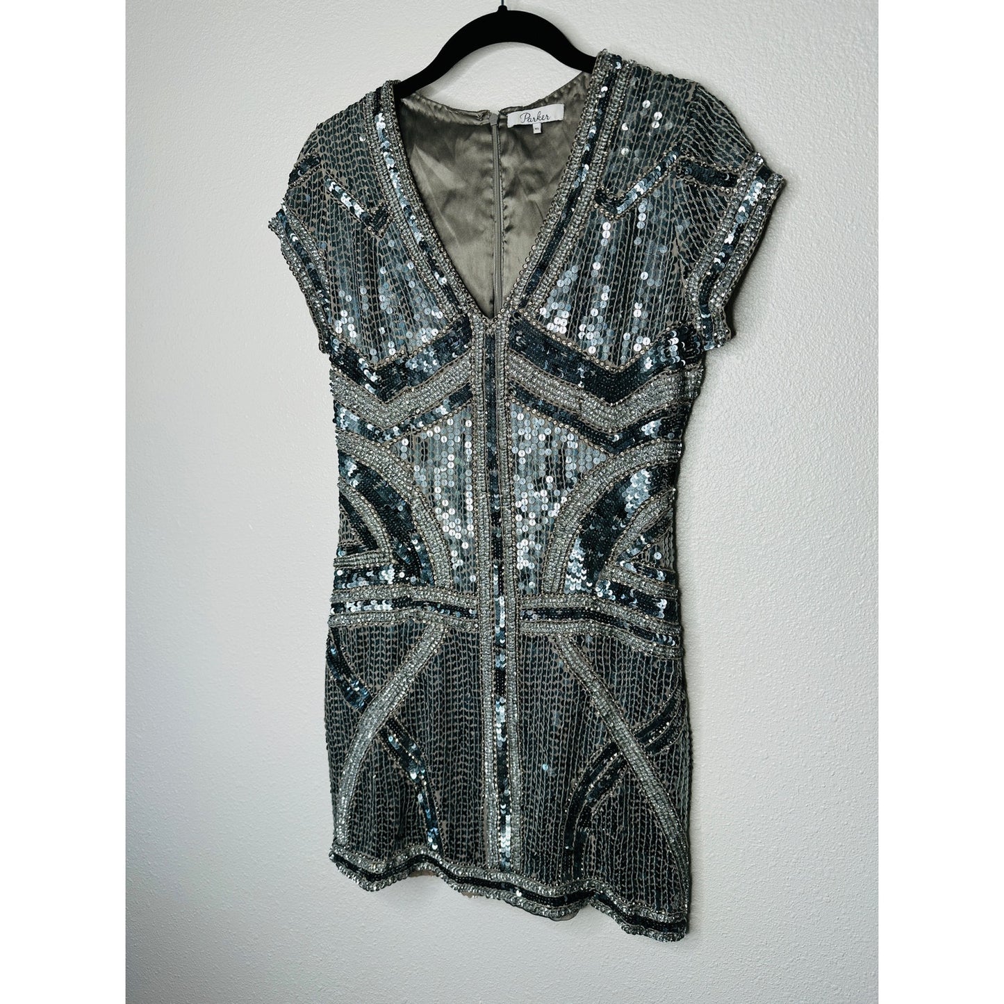 Parker Gray Silver & Rose Gold Sequin Aztec Print V-Neck Cap Sleeve Mini Dress S