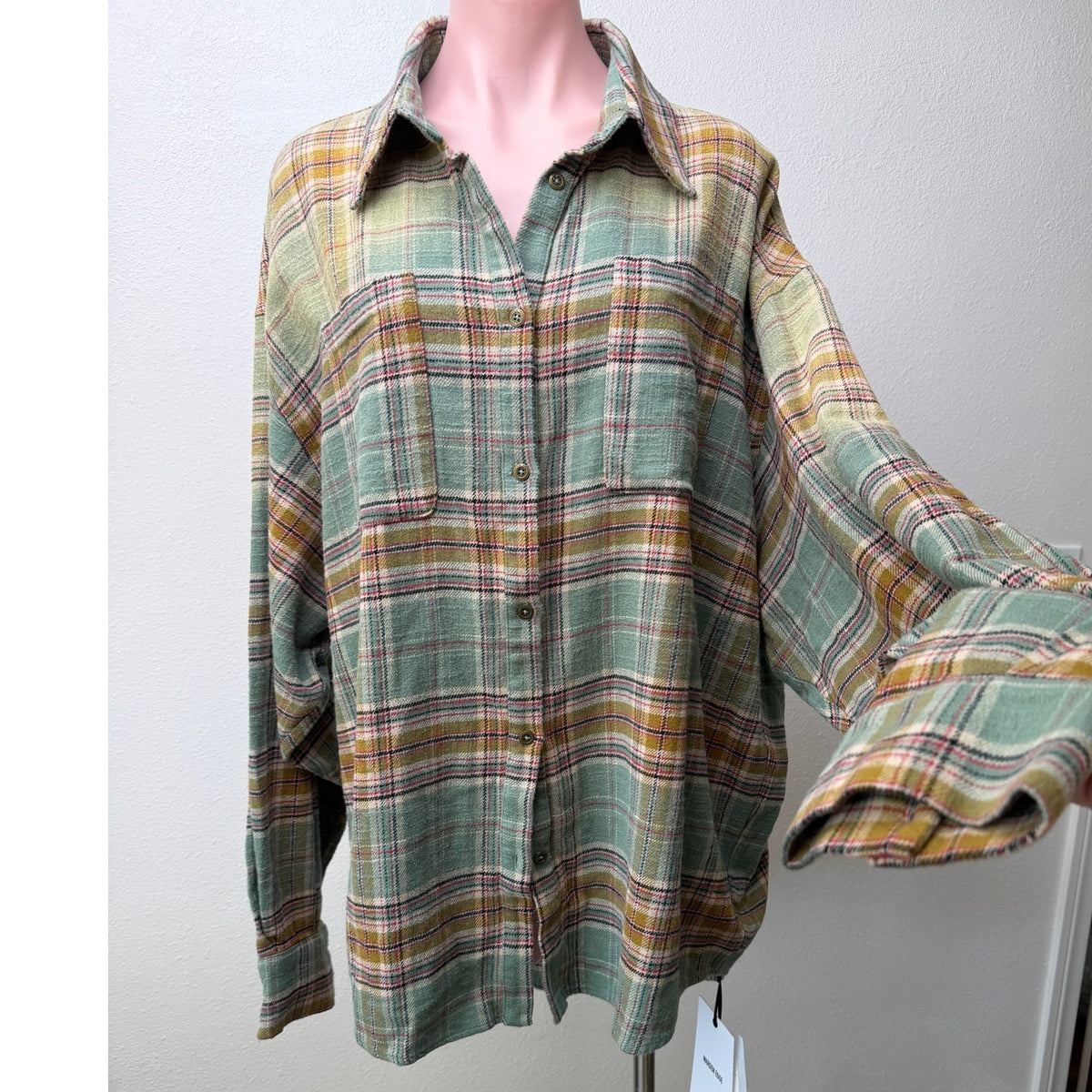 NWT Warden Edge Sage Plaid Oversized Shirt Women M