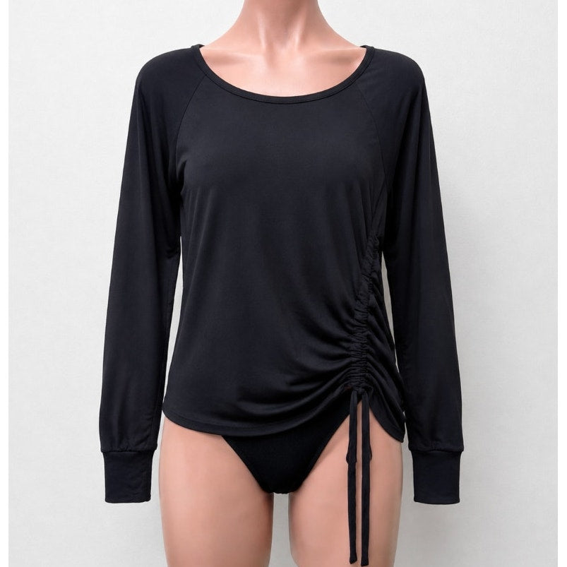 Peyton Jensen Black Front Ruched Side Tie Long Sleeve Banded Cuff Blouse XS