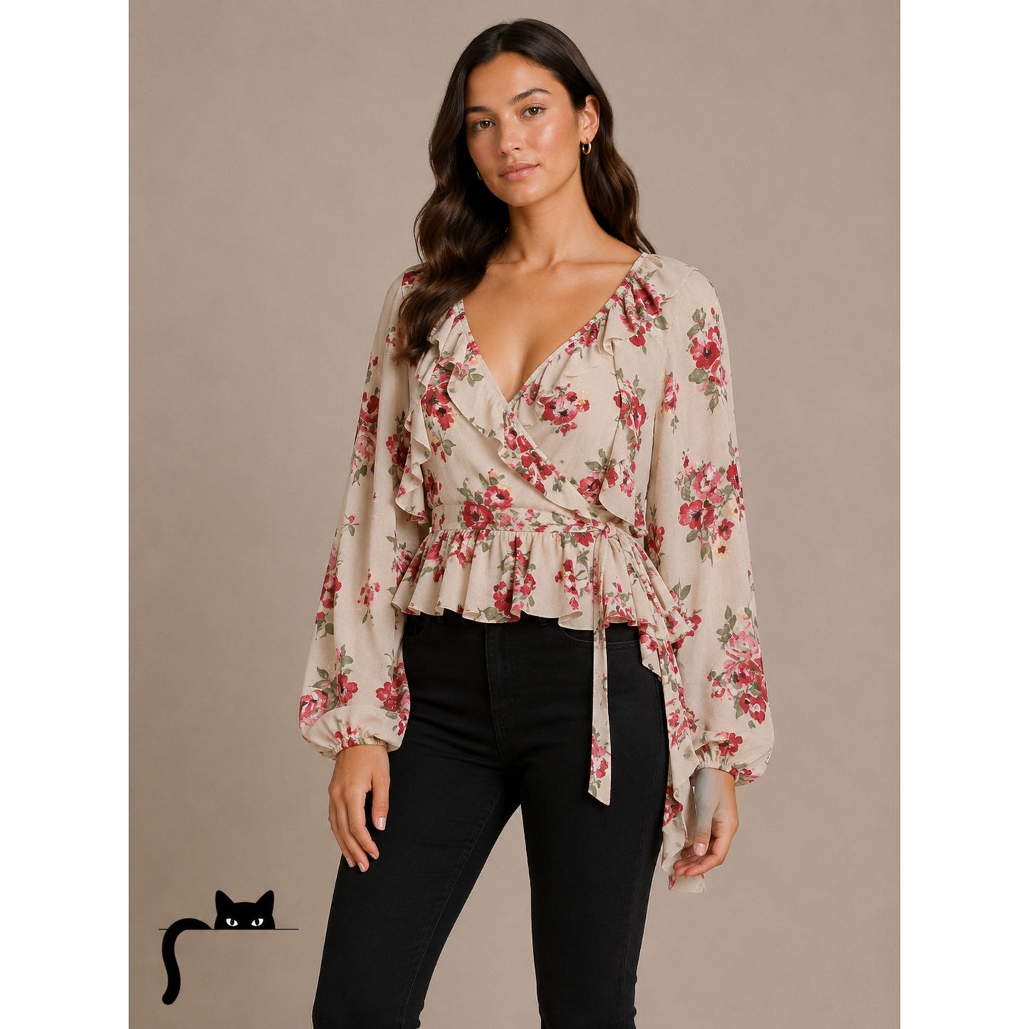 NWT Leith Pink Adobe Taupe Pink Red Floral Print Bell Sleeve Ruffle Wrap Top S