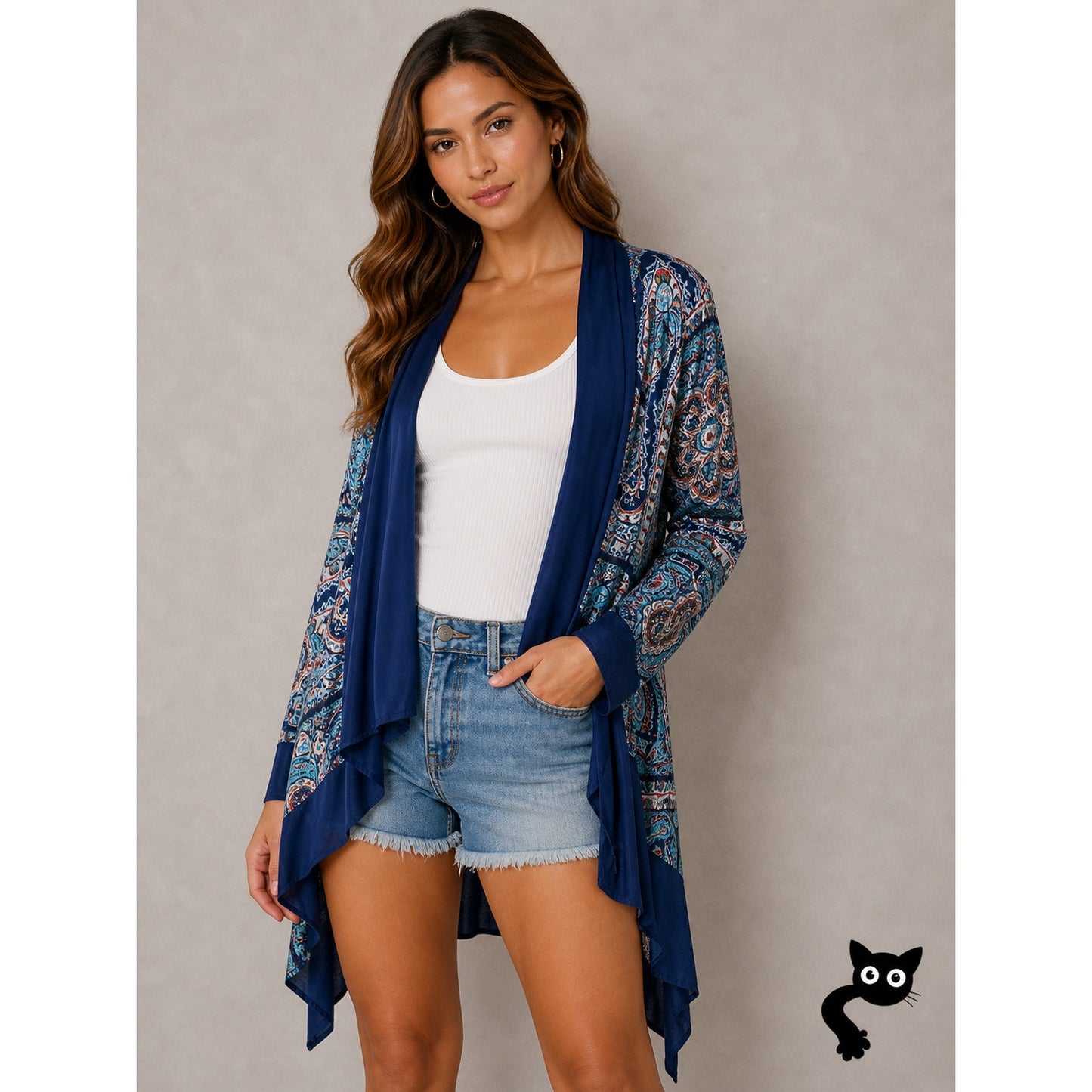 Vertigo Satin High Low Paisley Royal Blue Orange Long Sleeve Drape Cardigan S