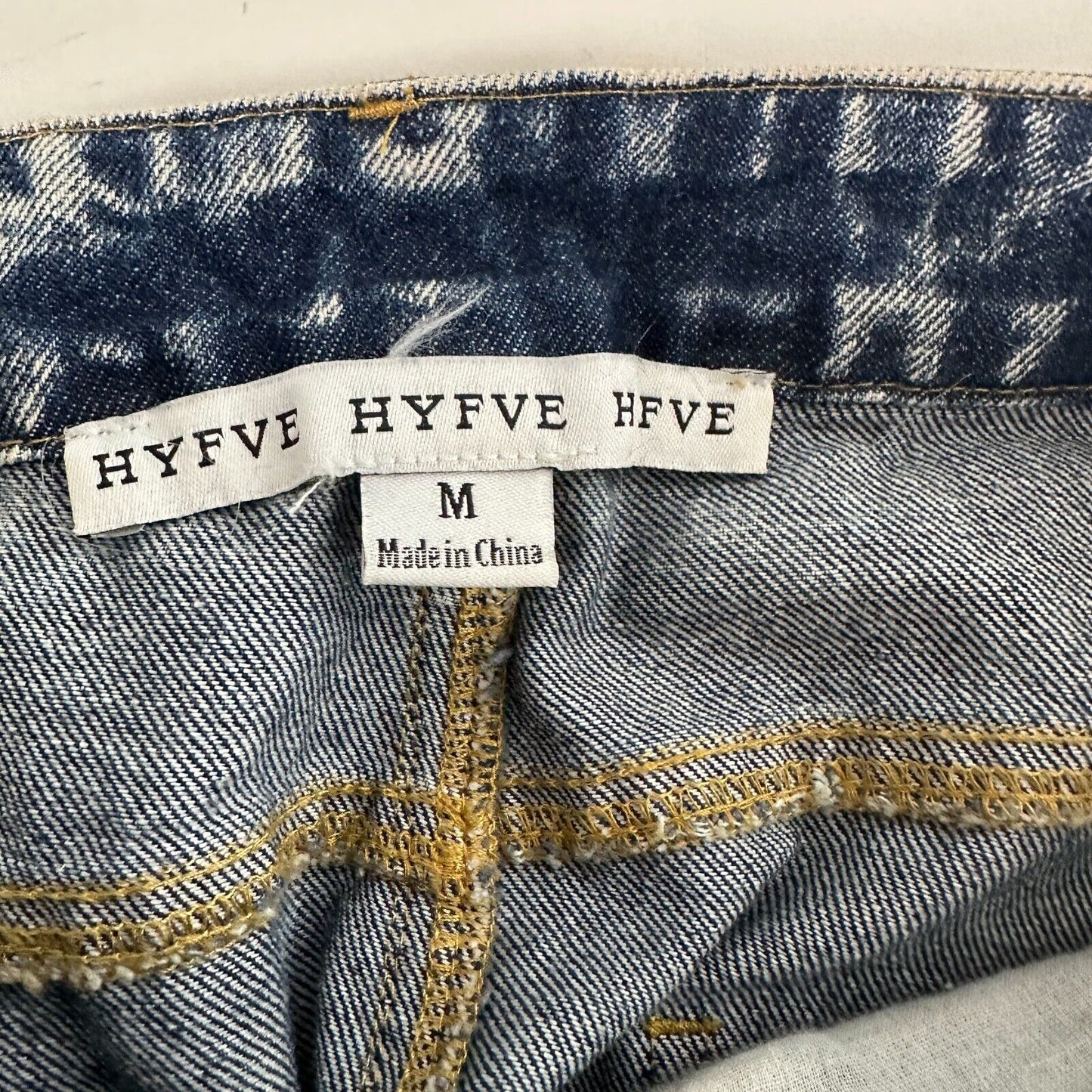 Hyfve Medium Blue Acid Wash Distressed Raw Hem High Waist Jean Shorts M