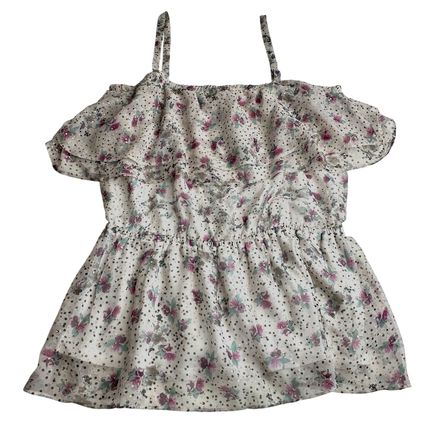 NWT Ella Moss White Purple Gold Metallic Dot Spaghetti Strap Ruffle Top L