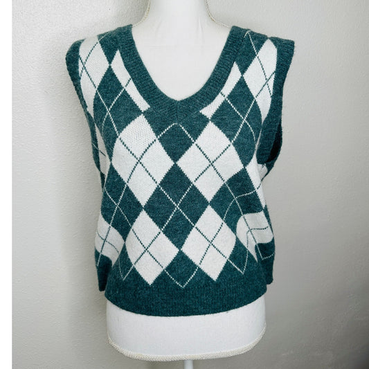 Sugar Muted Sage Green White Cream Argyle VNeck Sweater Vest