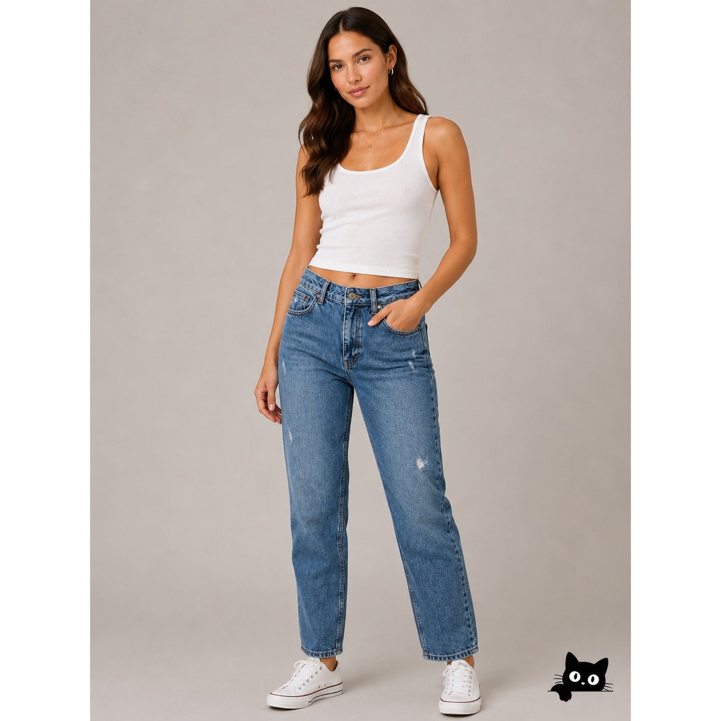 Topshop Medium Blue Wash Moto Mom Jeans 5-Pocket Distressed Straight Leg 25