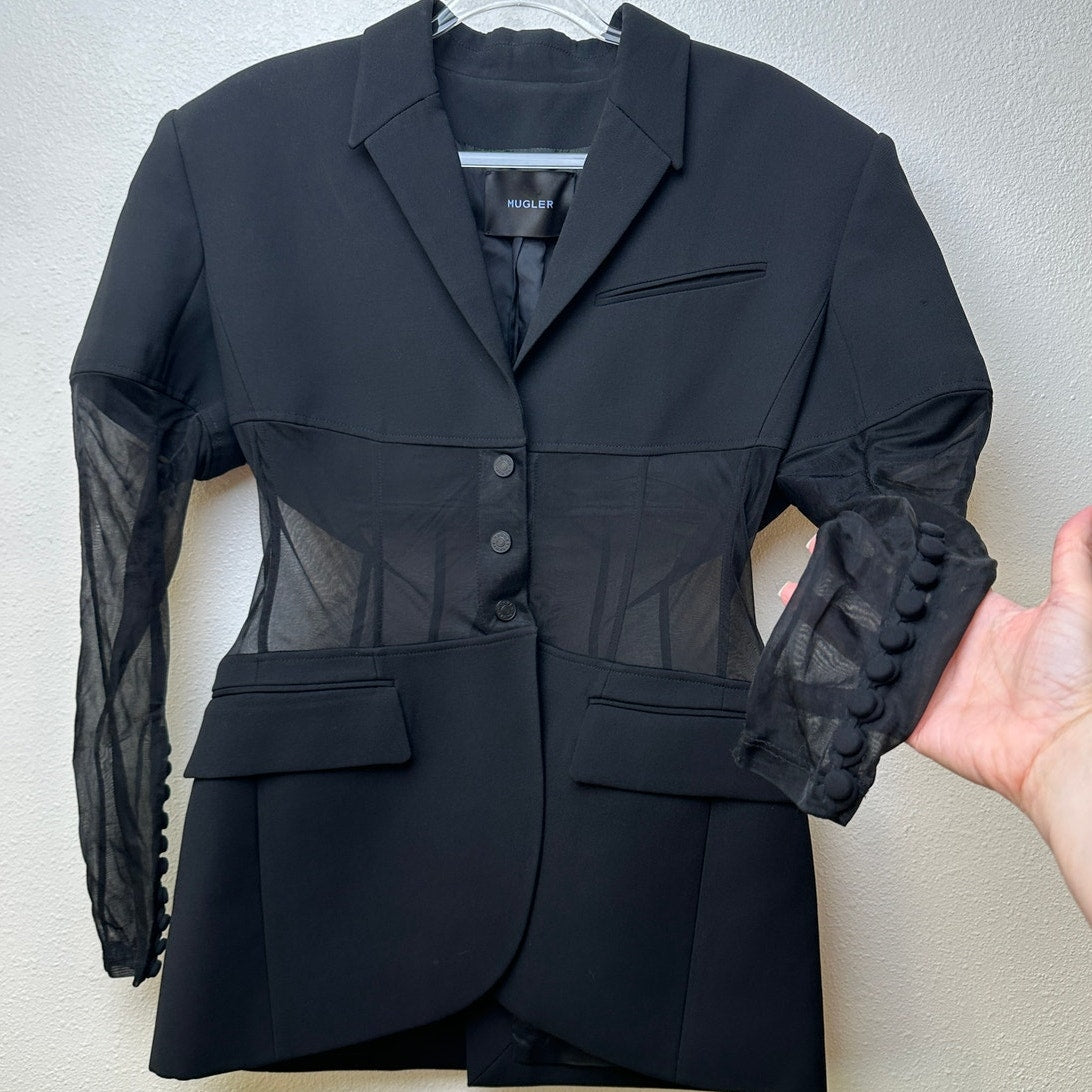 Mugler Black Corseted Blazer Sheer Mesh Sleeves Waist US 8