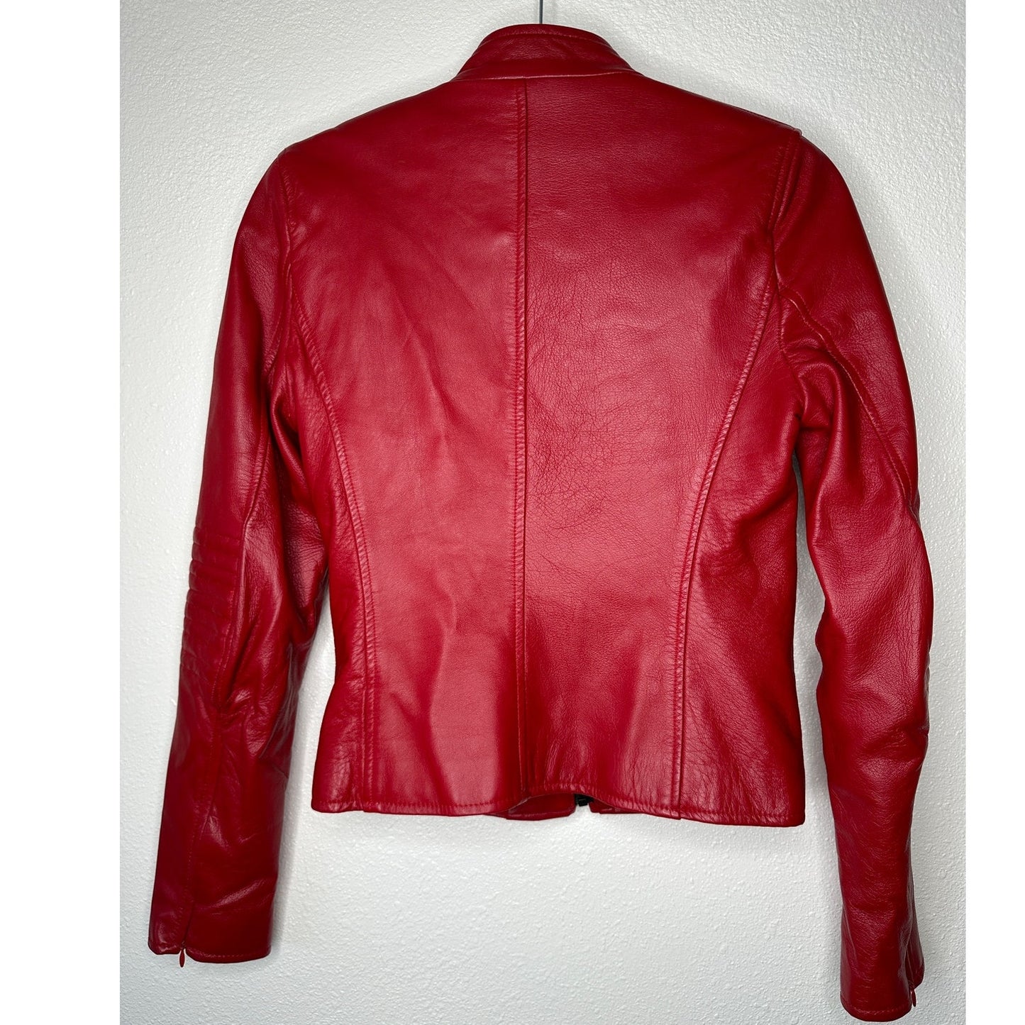 William B Cherry Red 100% Leather Moto Jacket Front Zip Silk Lining S
