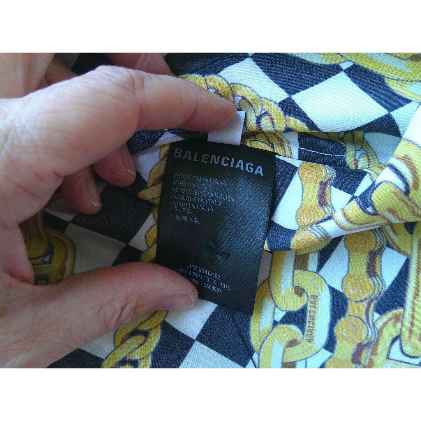 Balenciaga Black White Gold Checked Chain Print Short Sleeve Tie Neck Blouse 40