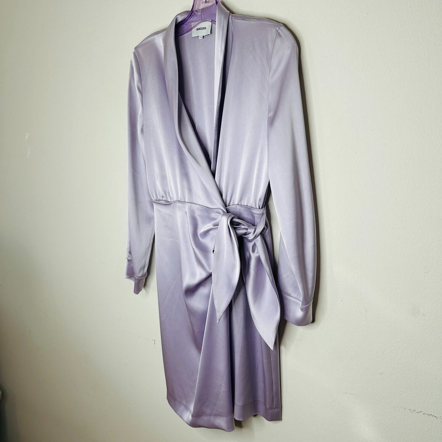 Nanushka Lilac Siwa Tech Satin Wrap Dress Asymmetrica V-Neck Concealed Snap S