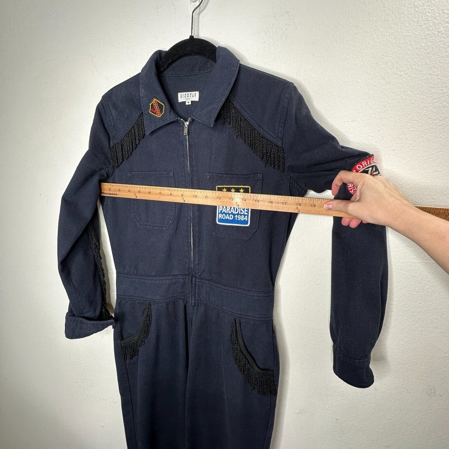 Claudie Pierlot Blue Denim Tassled Long Sleeve Front-Zip Cuffed Hem Jumpsuit 36