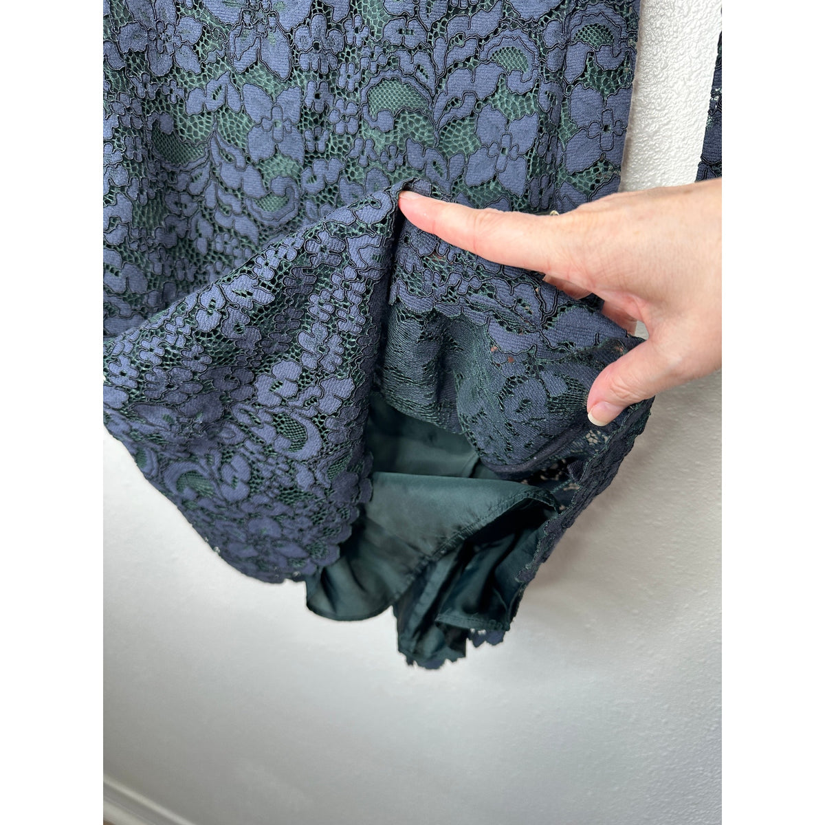 Tory Burch Black Lace with Green Contrast Underlay Jewel Neckline Dress 2