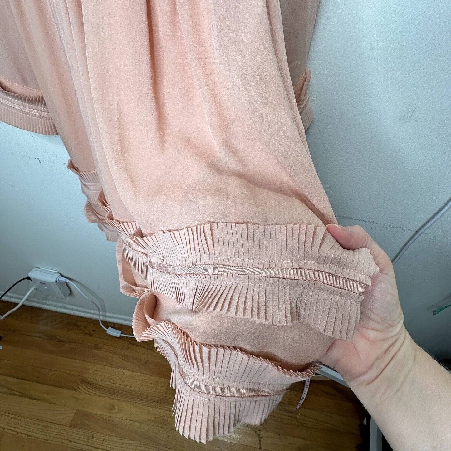 Nicholas Peachy Pink Fine Pleat Silk Long Sleeve Mini Ruffles High Neck Dress 0