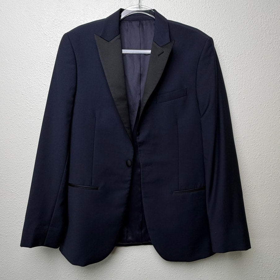 The Black Tux Navy Merino Wool Tuxedo Jacket Black Satin Peak Lapel Men's 40R