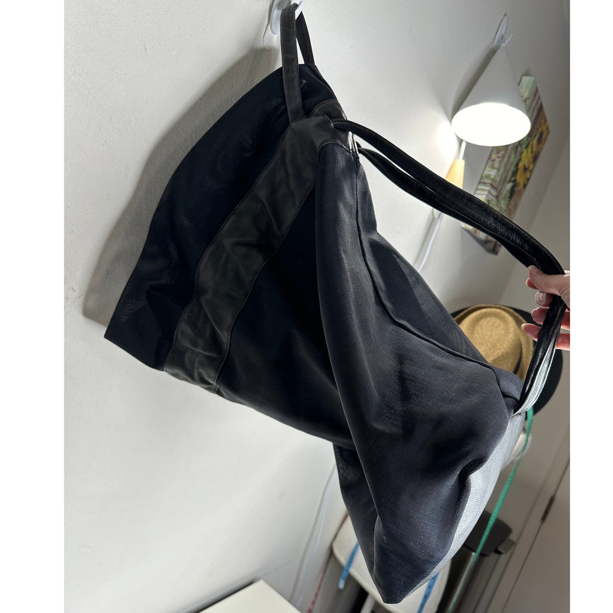 Large Black Canvas & Patent Leather Tote Bag Backpack