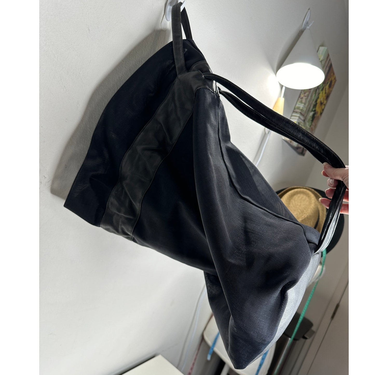 Large Black Canvas & Patent Leather Tote Bag Backpack
