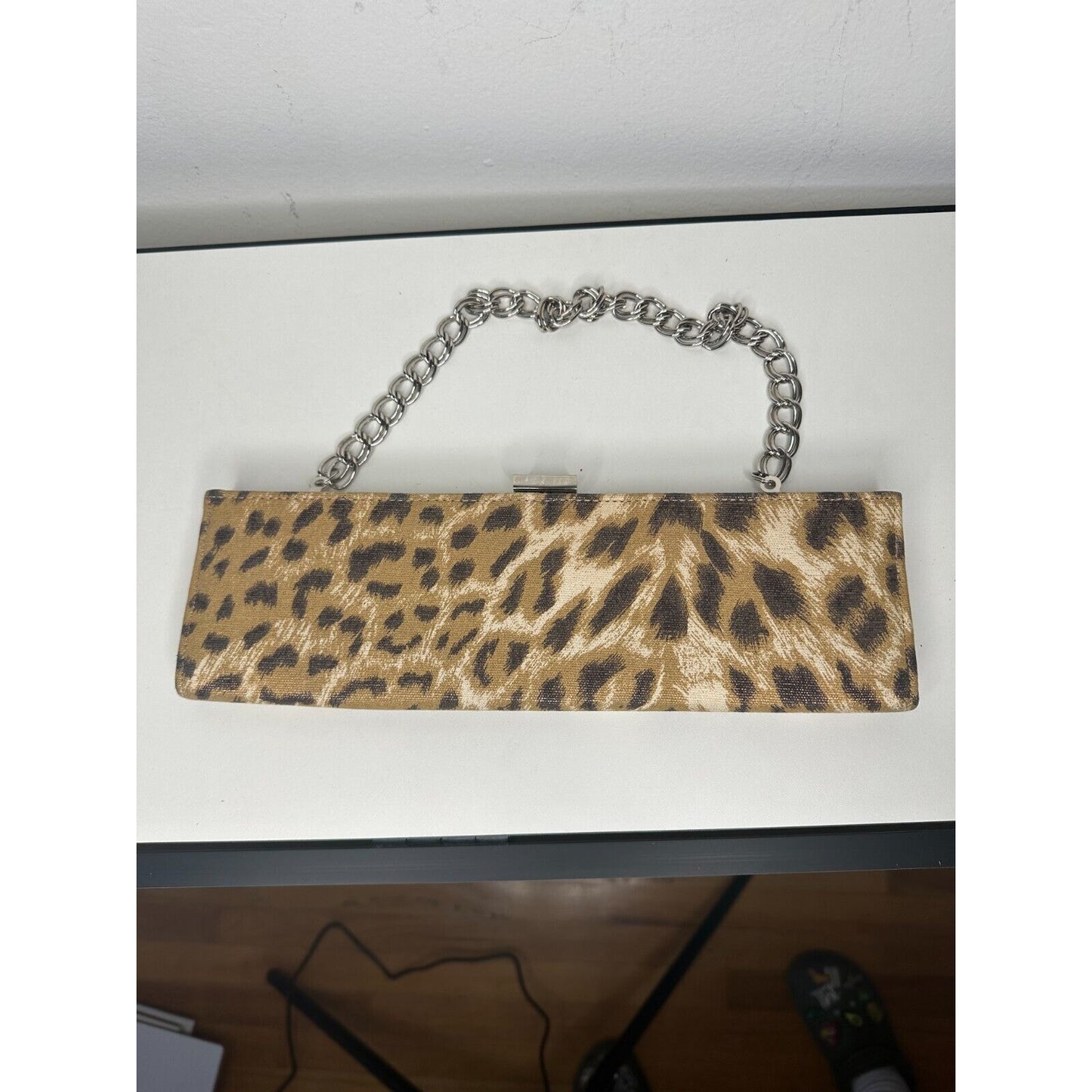 Vintage Fashion Express Leopard-Print Slim Clutch Silver Chain Strap Black Lined