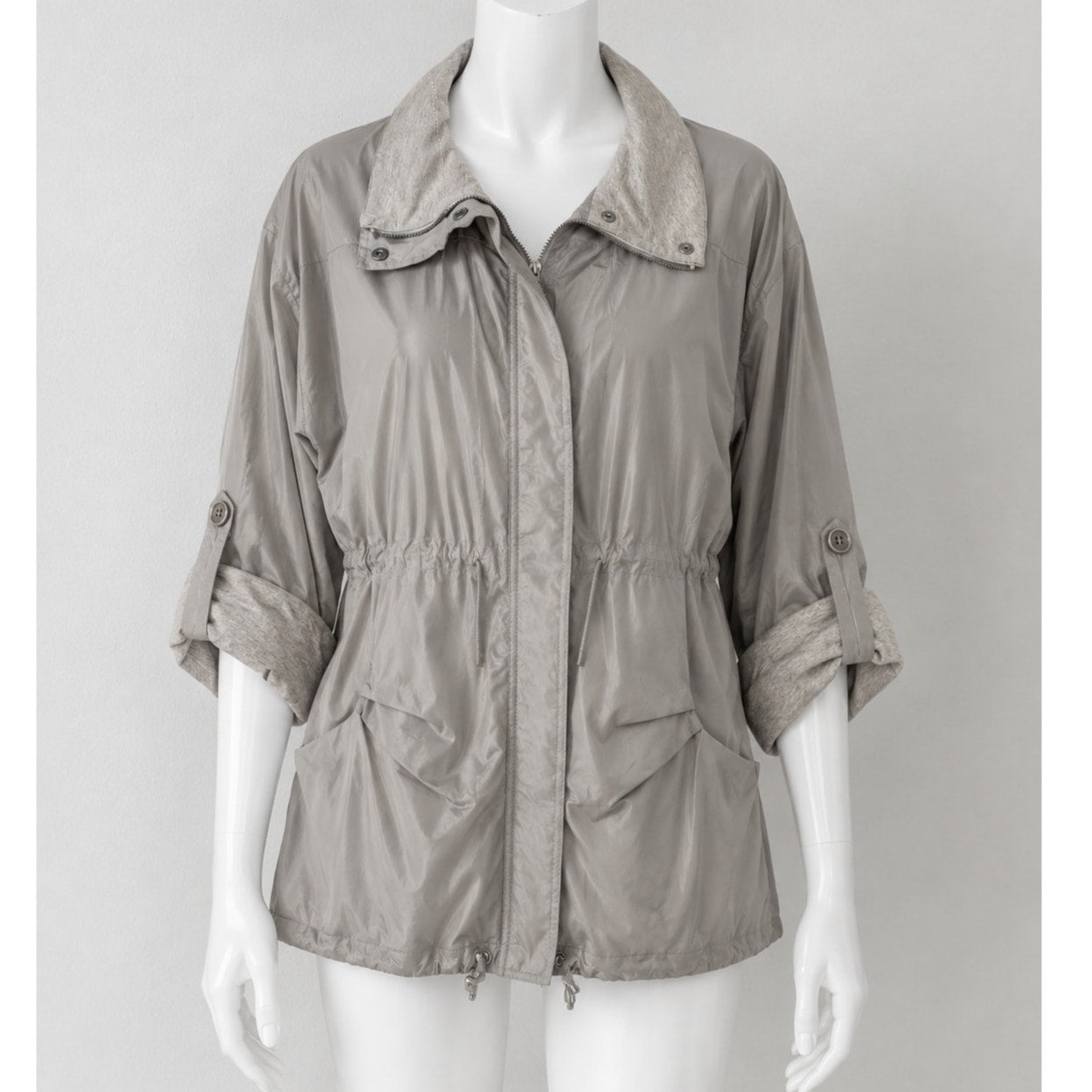 Brunello Cucinelli Taupe Gray Front-Snap Zip Cinch-Waist Windbreaker Jacket 46