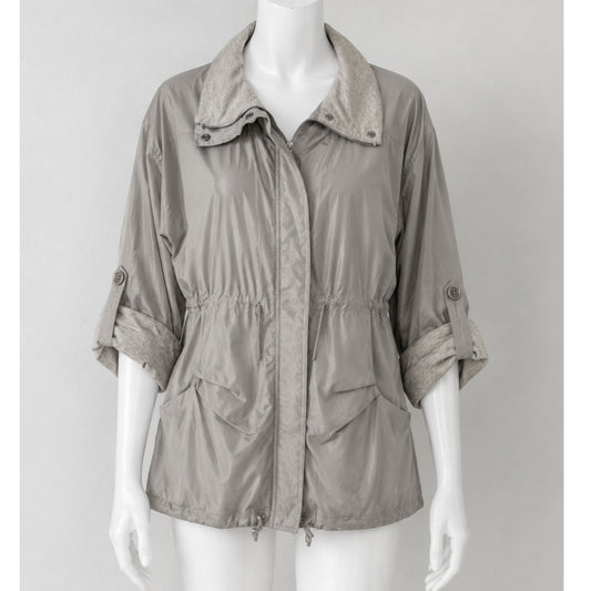 Brunello Cucinelli Taupe Gray Front-Snap Zip Cinch-Waist Windbreaker Jacket 46