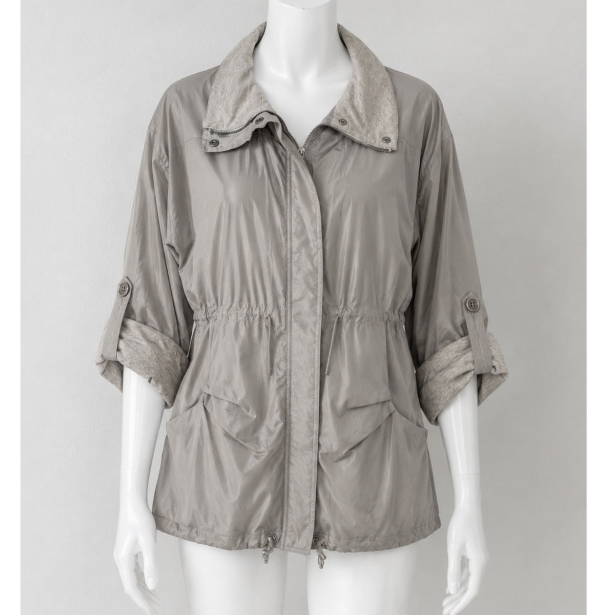 Brunello Cucinelli Taupe Gray Front-Snap Zip Cinch-Waist Windbreaker Jacket 46
