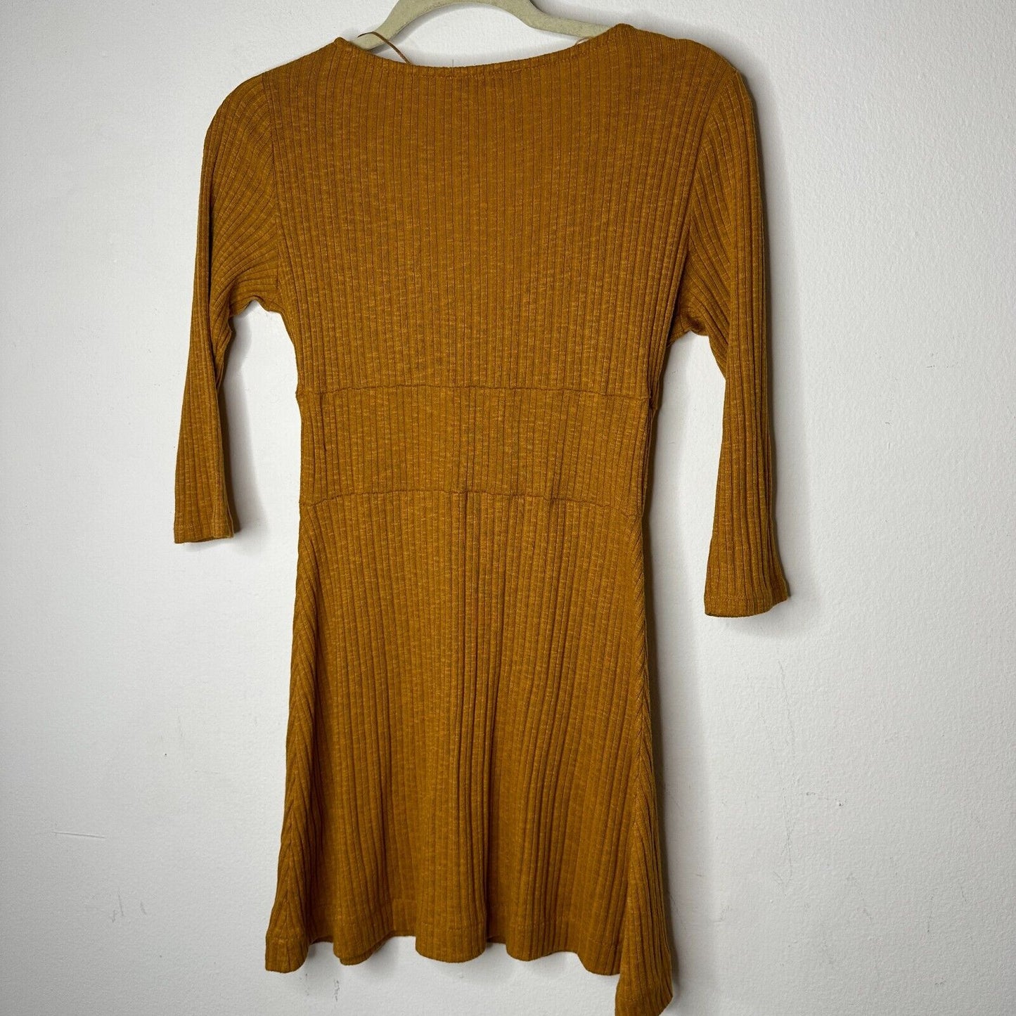 Pull & Bear Golden Yellow Cotton Rib Long Sleeve VNeck Button Up Mini Dress S