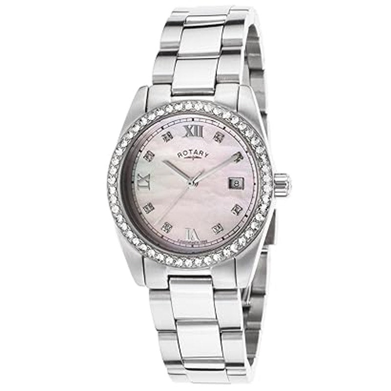 Rotary Havana Silver Diamond Bezel Pearl Face Quartz Watch