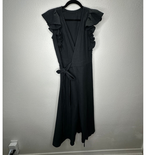 Subtropicalia Black Vera Ruffle Sleeveless Wrap Dress S